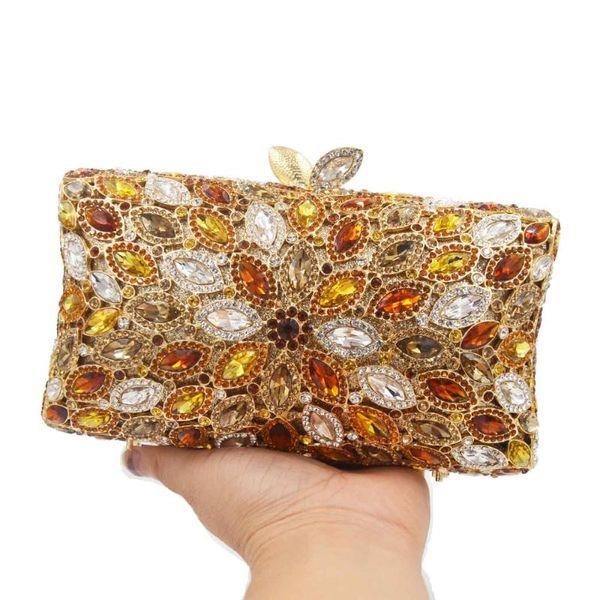 Borse da sera Borsa a cilindro marrone con strass in cristallo Borsa con frizione pesante in metallo da ballo per matrimonio deluxe femminile SC900Evening