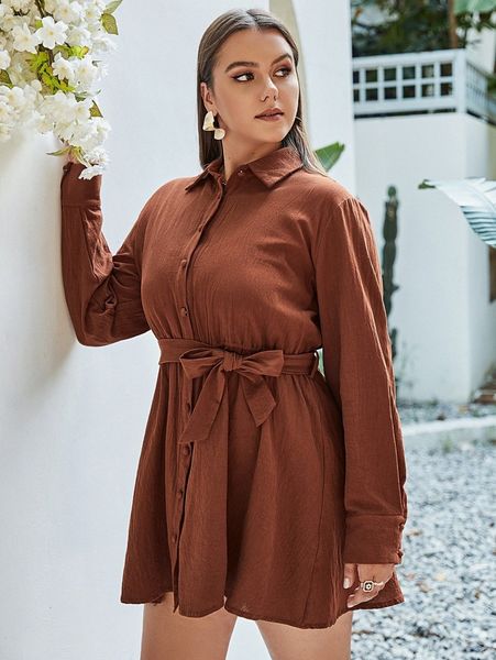 

simplee plus solid belted shirt dress g3fp#, Black