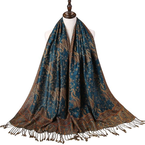 

pashmina silk scarf shawl wrap paisley jacquard flowers borders rave 2 layers reversible classic tassels for women 70x180cm 200g 220817, Blue;gray