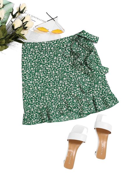 

ditsy floral ruffle trim wrap knot side skirt r2mu#, Black