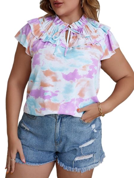 

plus tie dye knot neck ruffle trim flutter sleeve blouse h9da#, Black