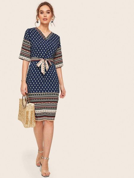 

aztec print v-neck self tie dress h6i3#, Black;gray