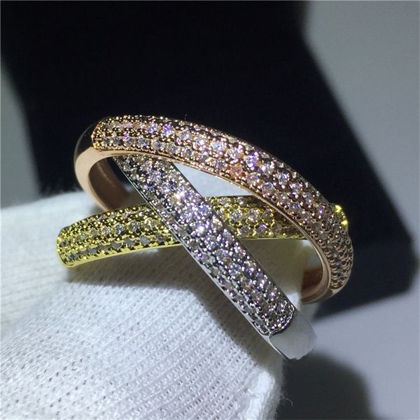 Jóias de luxo Silve 925 Triple Circles Goldrose Goldsilver Ring Three Colors Pavove Cz Ring Women Wedding Ding