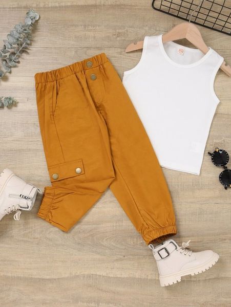 

toddler girls solid tank & cargo pants she, White
