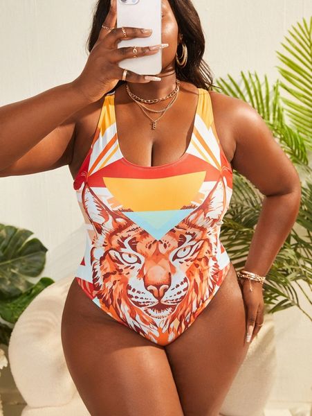 

plus allover print one piece swimsuit m4wg#, White;black