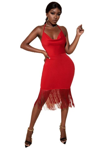 

sxy draped front halter neck fringe trim bodycon dress a1no#, Black;gray