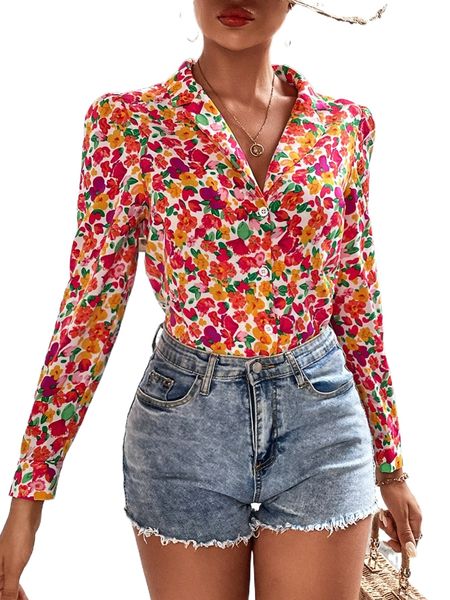

allover floral button front shirt i2jf#, White