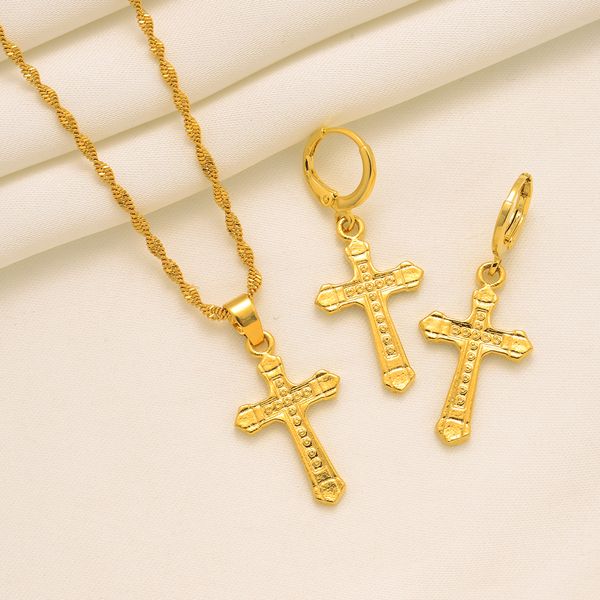 

latin cross stud earrings necklace pendant set 18k yellow solid fine gold classics, Silver