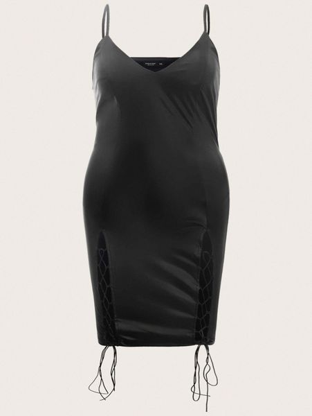 

plus lace up front pu leather cami dress q0ow#, Black