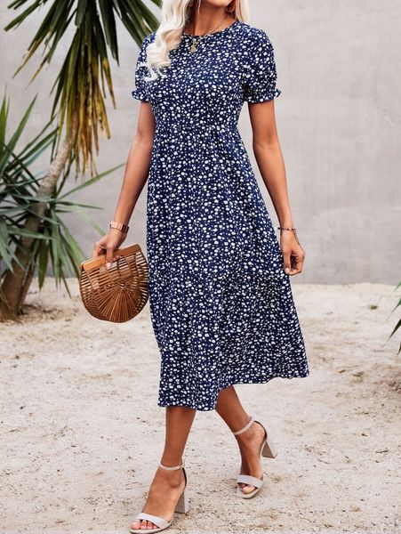 

ditsy floral print ruffle hem dress c1o7#, Black;gray