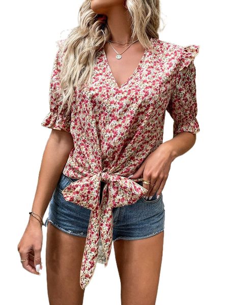 

ditsy floral print ruffle trim knot hem blouse 979b#, White