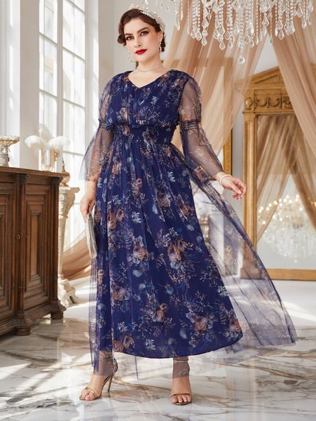 

plus random floral print shirred waist trumpet sleeve mesh dress g98c#, Black