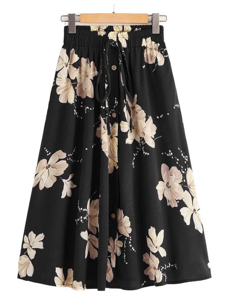 

floral print knot button front skirt c5td#, Black