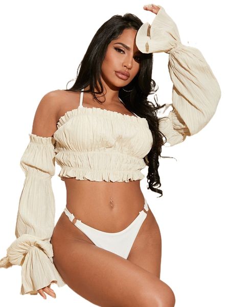 

sxy halter neck flounce sleeve ruffle trim blouse 44xo#, White