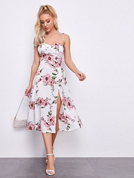 

split hem shirred back floral print cami dress 54ok#, Black;gray