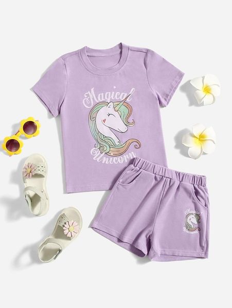 

toddler girls letter and unicorn print tee & shorts she, White