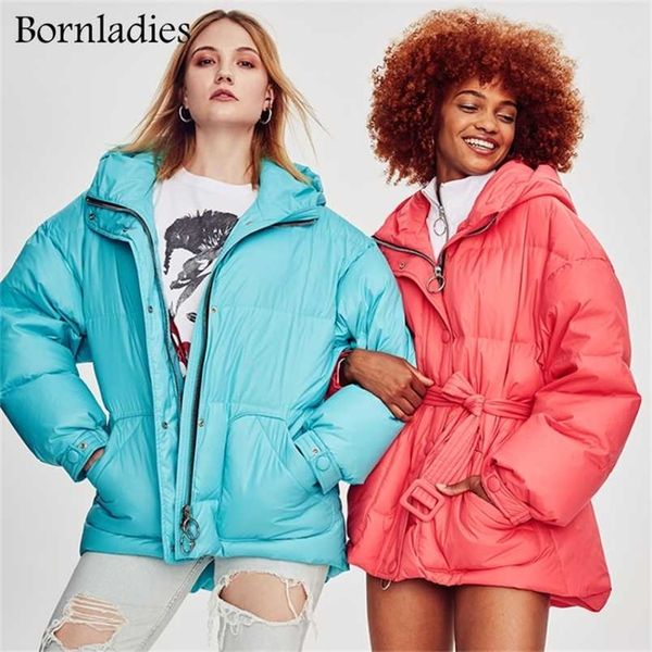 

bornladies winter fashion street designer brand womens white duck down jacket pretty girls outerwear coat with belt 211120, Black