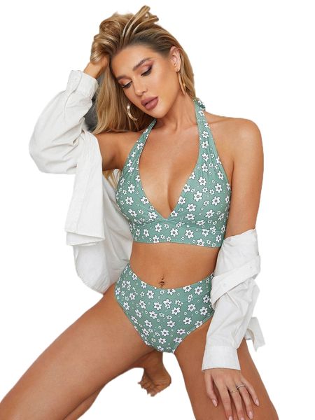 

ditsy floral halter high waisted bikini swimsuit 54cs#, White;black