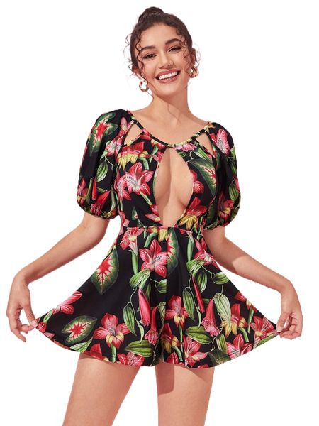 

x elle rebel tropical print cutout romper a4cx#, Black;white