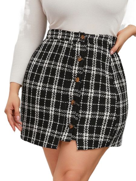 

plus high waist plaid single breasted tweed skirt f23v#, Black