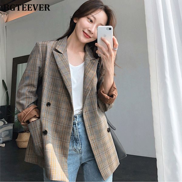 

vintage plaid double breasted women blazer oversized full sleeve grid female suit coat elegant autumn women jackets outwear 2022, White;black