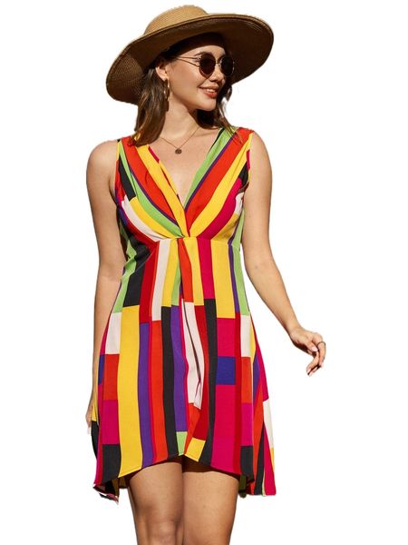 

block striped twist front dress h4gv#, Black;gray