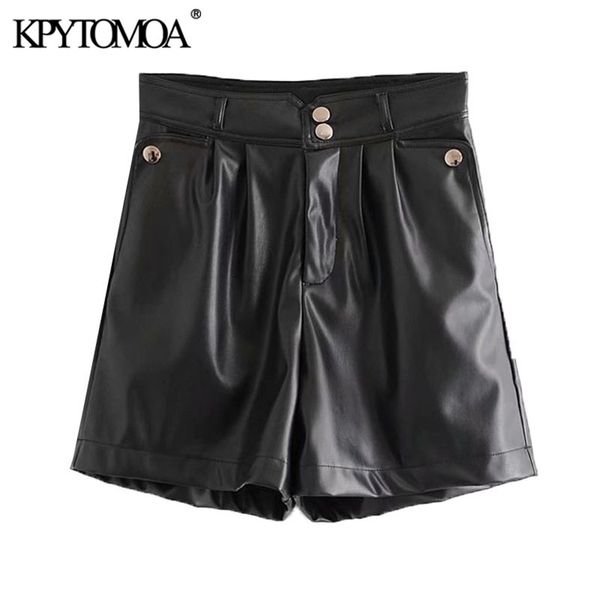 

kpytomoa women chic fashion faux leather side pockets shorts vintage high waist zipper fly female skirts mujer 210306, White;black