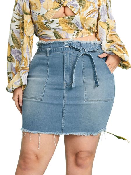 

plus high waist raw trim belted denim skirt d3ll#, Black