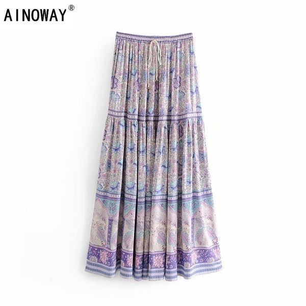 

vintage chic fashion hippie women purple floral print beach bohemian skirt high elastic waist aline boho maxi skirt femme y200326, Black