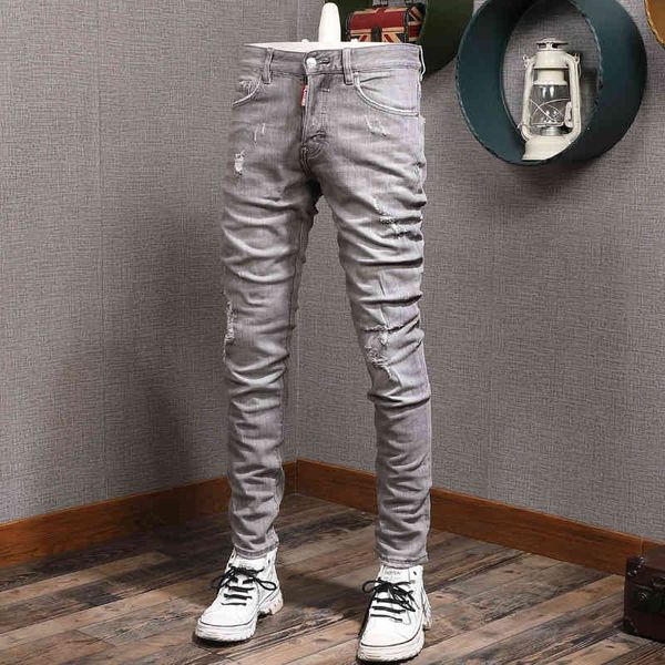 

men's jeans trendy grey hole patch trendy jeans slim fit little feet washed youth casual ww29, Blue