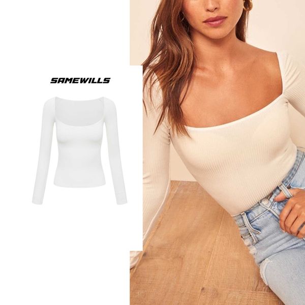 

130 solid color square neck long sleeve t-shirt female slim with exposed collarbone bottomed shirt spring 2022, White