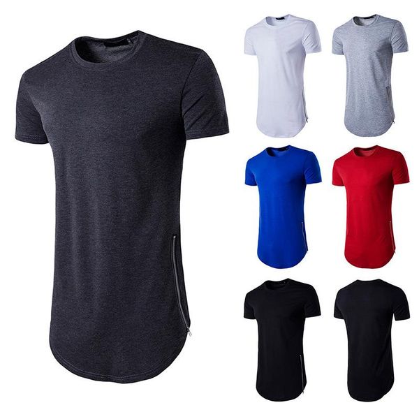 Herren-T-Shirts, Sommer-Herren-High-Street-Stil, doppelter Reißverschluss, langes Rundhals-T-Shirt, europäischer und amerikanischer Arc-Saum, kurzärmelige Herren-T-Shirts