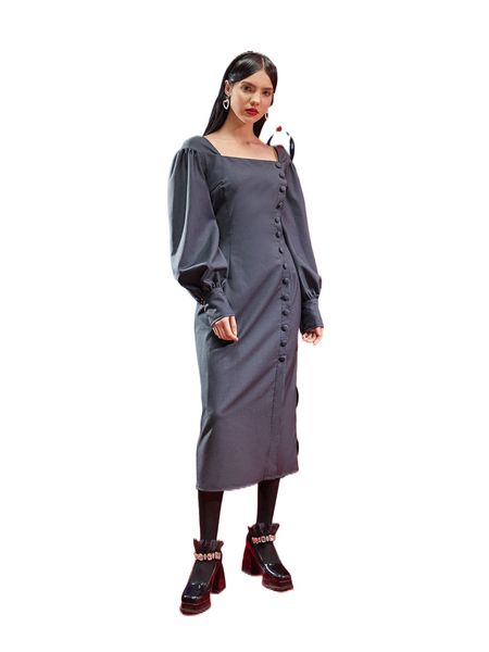 

x alexandra fuks square neck lantern sleeve fake button dress f9c3#, Black;gray