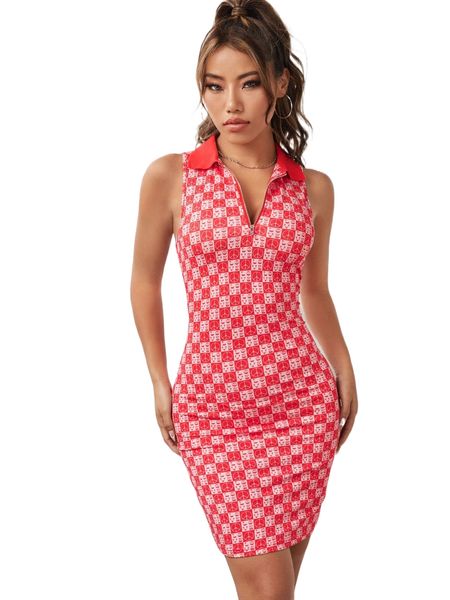 

x tartagain checker & letter graphic zipper bodycon dress m2bx#, Black;gray