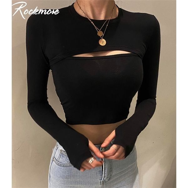 

rockmore hollow out t shirt and cami crop womens harajuku long sleeve streetwear basic women tight tees 2 piece suit 220322, White