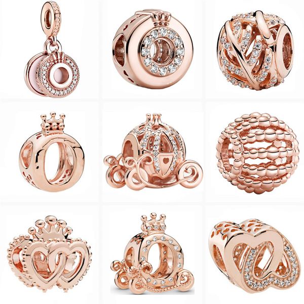 Nuovo popolare argento sterling 925 europeo oro rosa corona carrozza cuore foglia scintillante perline misura originale pandora fascino braccialetto d'argento gioielli fai da te