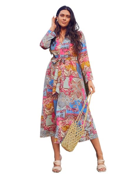 

plus patchwork print button front belted dress d9ms#, Black