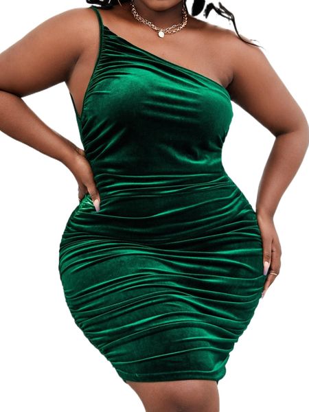 

sxy plus one shoulder ruched velvet bodycon dress 567p#, Black