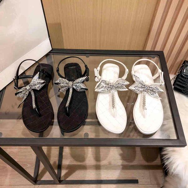 

slippers summer small fragrance versatile diamond bow one line belt french comfort flat bottom women's sandals package, Black