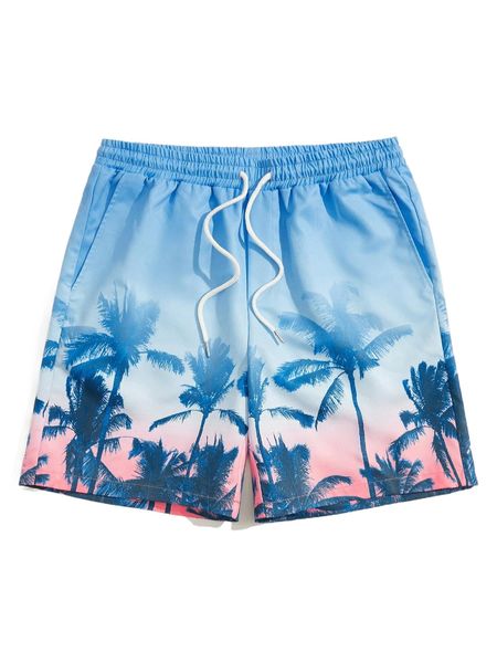 

men ombre palm tree print drawstring waist shorts t0cu#, White;black