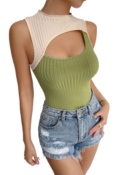 

two tone cut out bodysuit l34i#, White