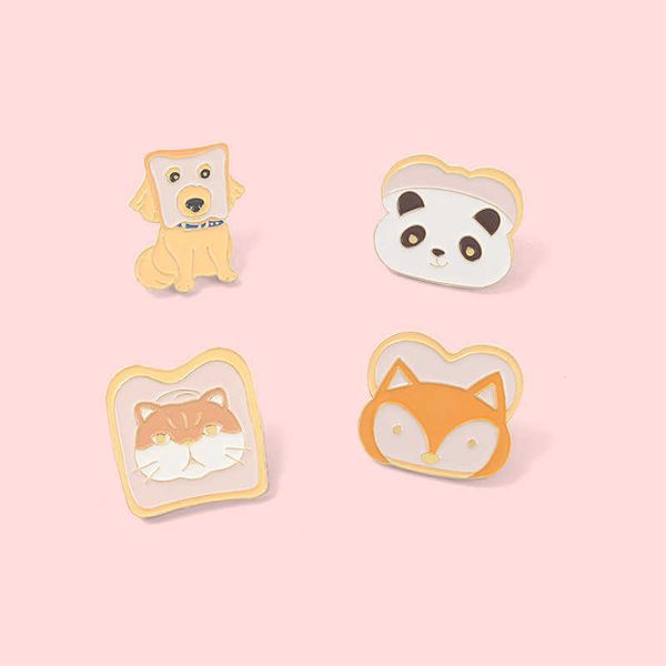

cute cartoon animal forest bread brooch metal badge little fox toast dog cat brooch, Gray