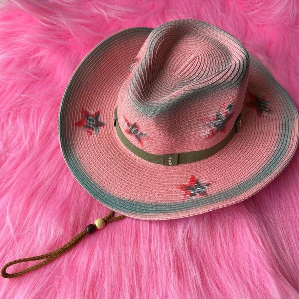 Berets Pink Star Cowgirl Hat Summer Western Style for Women Girl Vintage Sunscreen Beach Straw Cap Compity Costume Comsplay Party Up