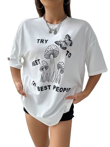 

slogan & mushroom print drop shoulder tee c9py#, White