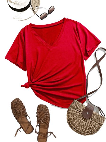 

plus solid v-neck tee 89cl#, Black