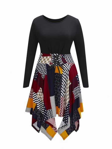 

plus patchwork lace-up front asymmetric hem dress u4vl#, Black