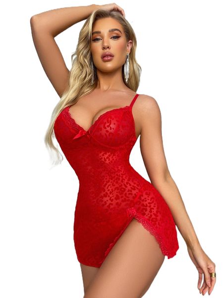 

leopard contrast lace slips with thong f0ge#, Black;red