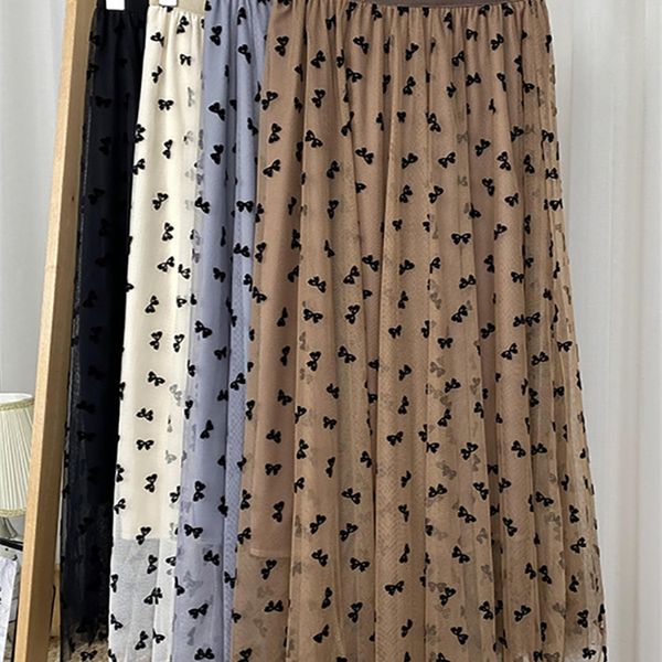 

croysier elegant long skirts for women fashion butterfly flocking tulle skirt elastic high waist casual mesh a line midi skirt 220512, Black