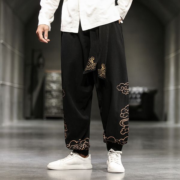 

chinese style retro auspicious clouds print pants men clothing autumn fashion clothes loose casual pants plus size harem pants 220816, Black