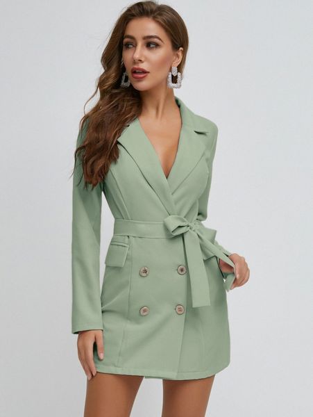 

sbetro double button belted blazer dress m8dz#, White